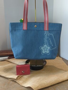 Coach Denim and Vachetta Leather Tote With Free Business Card Wallet
